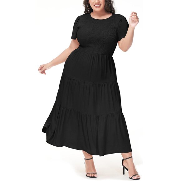 Women's Plus Size Maxi Dress Soft Flutter Short Sleeve Elastic Waist Casual - Picture 2 of 5